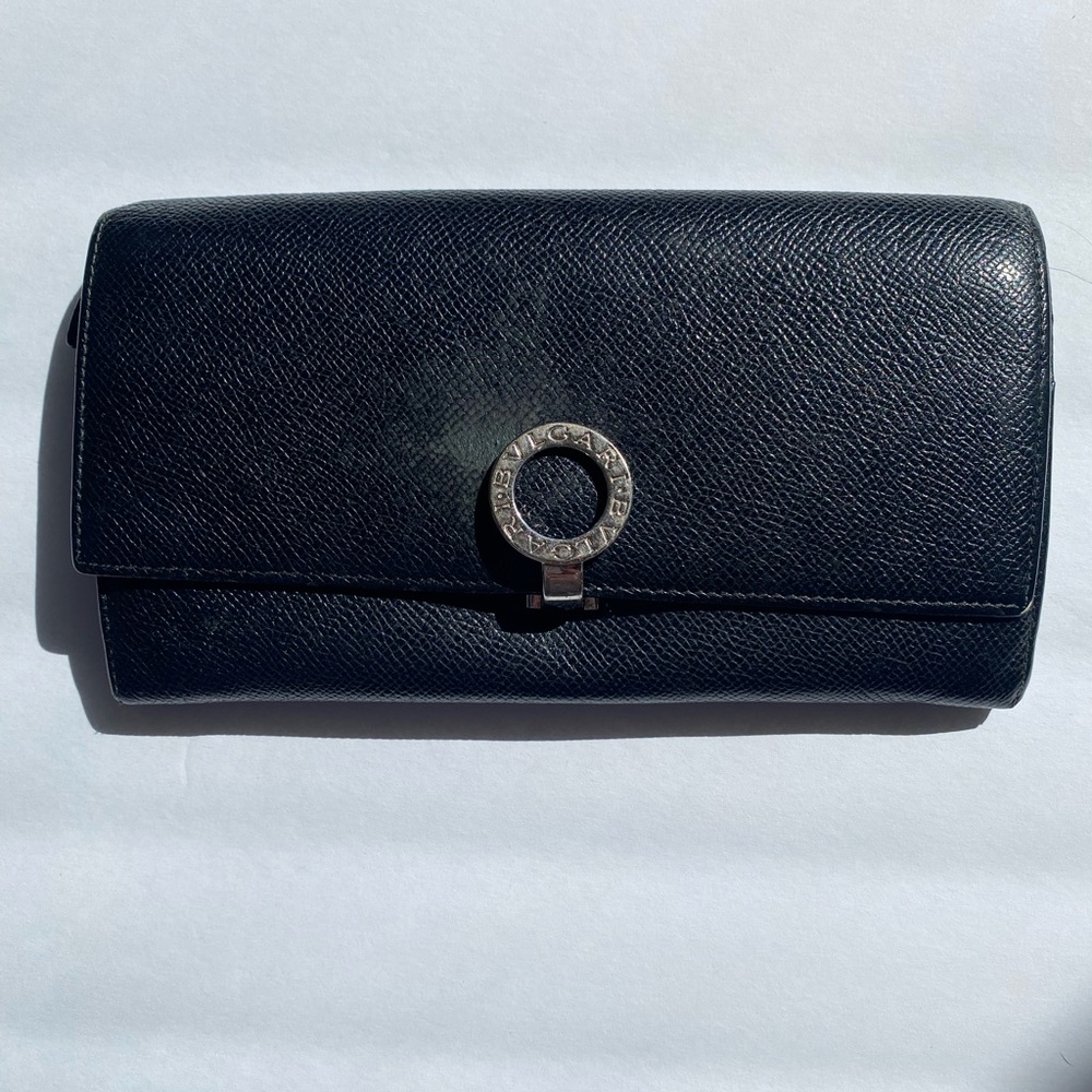 BVLGARI BULGARI Grain Calfskin Wallet in Black preowned soft close